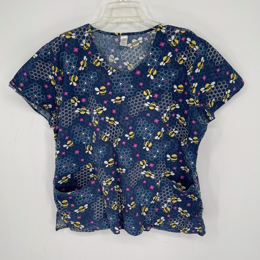 Spread Good Cheer Women's Blue Bumble Bee Honeycomb Scrub Top Size XL